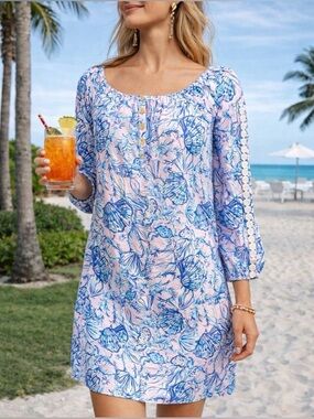 Lilly Pulitzer Pink Blue Seashell Print Dress XS 3/4 Sleeve Tunic Shift Pom Trim